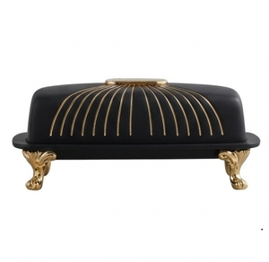 Beurrier en céramique noir glamour avec couvercle incrusté d'or, forme rectangulaire, hermétique, vaisselle de cuisine, utilisation pour les fêtes - Product Image 2