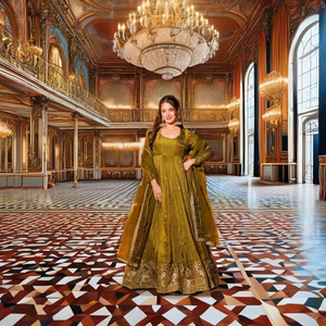 Robe de designer indienne et pakistanaise de haute qualité pour femme, moderne, pour Diwali, mariages et fêtes, en soie lourde froissée, séchage rapide - Product Image 1