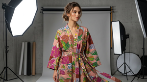 Kimono Women Floral Print Cotton Robe Soft <b>Waffle</b> Texture Long Sleeve Knee Length High Rise Drawstring Closure Bathrobe - Product Image 4