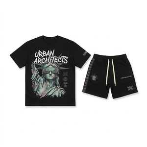 Custom Streetwear Applique Boxy Heavyweight Two Piece <b>Shorts</b> Set Screen Printing Tee Distressed <b>Patch</b> T Shirt and <b>Shorts</b> Set - Product Image 1