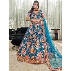 Lehenga choli ชุดแต่งงานทำจากผ้าไหมพิมพ์ลายดอกไม้สีน้ำเงินอมเขียว - Product Image 6