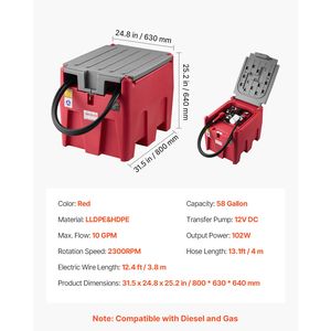 Serbatoio Portatile da 58 Galloni per Diesel e Benzina con Pompa di Trasferimento Elettrica 12V, Portata 10 GPM, Tubo da 13,1 Piedi, Pompa Carburante e Componenti - Product Image 4