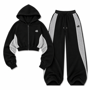 Survêtement en molleton de coton épais personnalisé OEM, comprenant un sweat à capuche court zippé noir et gris contrastant et un pantalon de survêtement oversize à jambes larges - Product Image 3