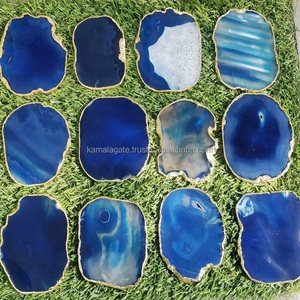 Wholesale Blue <b>Agate</b> Gemstone <b>Coasters</b> Golden Trim Quartz Cup <b>Coaster</b> Gold Edge Handmade American Style Wedding Gift Home Office - Product Image 2
