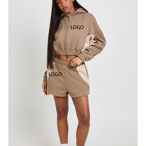 Ensemble short personnalisé OEM, impression numérique 3D, logo, sweat à capuche court zippé et pantalon de survêtement en molleton de coton à épaules tombantes, ensemble assorti haut et bas pour femme - Product Image 4