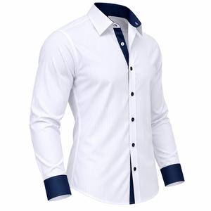Camisa de Vestir a Rayas para Hombre, Manga Larga, Cuello Clásico, Puños en Contraste Azul Marino, Antiarrugas, Ropa Formal de Primavera, Ropa Formal para Hombre - Product Image 4