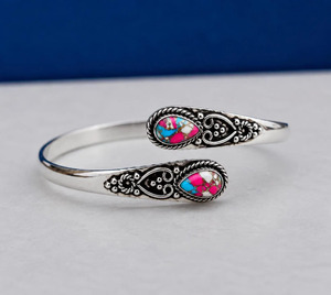Vintage 925 Silver Cuff <b>Bracelet</b> With Natural Stone Inlay Flower Pattern For Women's Everyday Wear - Product Image 2