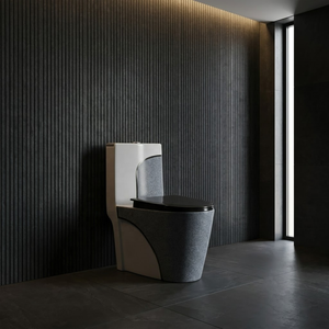 Inodoro de Diseño de Una Pieza, Alargado, con Acabado Gris Moteado y Asiento Negro, Montaje en el Suelo, Descarga Sifónica - Product Image 2
