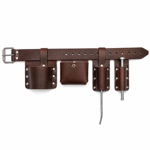 Ensemble de pochettes à outils ajustables en cuir véritable marron avec boucle en acier massif pour électricien, plombier et travaux en extérieur - Product Image 1