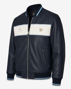 <b>Men's</b> PU Leather Bomber Jacket Navy Cream Color Block Zipper Closure Casual Autumn Windproof - Product Image 2