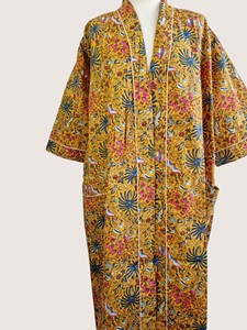 Bata Larga Estampada Floral para Mujer, Manga Tres Cuartos, Cuello en V, 100% Poliéster, Suave, Informal, para Primavera, con Cierre de Cordón - Product Image 2