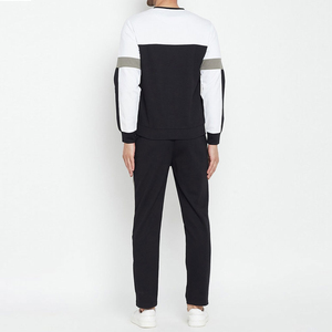 Ensemble de sweat-shirt à col rond pour homme avec blocs de couleur noir, blanc, gris et pantalon de jogging en molleton – Tenue décontractée d'automne - Product Image 2