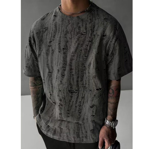 เสื้อยืดสไตล์สตรีทแวร์ คอโอ แขนสั้น ผ้าฝ้าย 100% น้ำหนักเบา ใส่สบายสำหรับฤดูร้อน ดีไซน์ขาดๆ แบบวินเทจ รับผลิตตามแบบ (OEM) ลดราคา ป้องกันรังสียูวี - Product Image 2