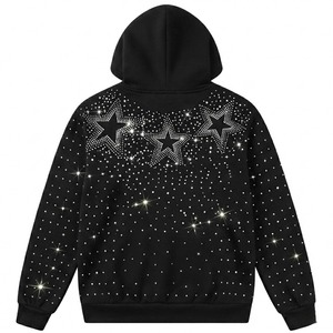 Sudadera con Capucha Personalizada con Estrellas de Diamantes de Imitación para Hombre, Negra, con Gráficos de Cristales en Toda la Superficie, Sudadera de Forro Polar Grueso, Estilo Y2K, Ropa Urbana - Product Image 3