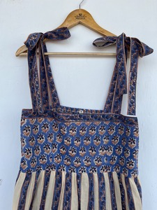 Wholesale Women <b>Navy</b> Dot Cotton Maxi Dress High Neck Puff Sleeve <b>Tie</b> Strap A-Line Resort Wear - Product Image 2