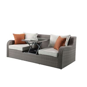 Divano da Patio Salena in Tessuto Beige e Vimini Grigio con 2 Cuscini e 2 Pouf - Product Image 4