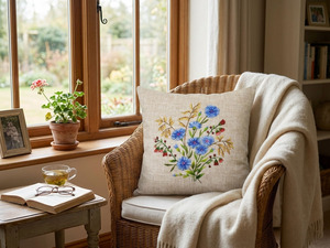 Wholesale Embroidery Blue Carnation <b>Cushion</b> Cover Removable Washable Customizable Square Seat Natural Linen <b>Cushion</b> Pillowcases - Product Image 1