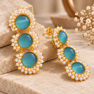 Gold Plated Blue Monalisa Stone Earrings Pearl <b>Cluster</b> Triple Drop Statement Earrings for Women Wholesale Indian Jewelry - Product Image 4