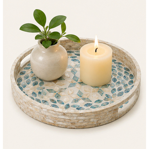 Plateau de service rond artisanal en nacre avec poignées intégrées, mosaïque bleue, décoratif pour table basse - Product Image 2