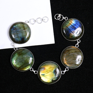 Wholesale Handmade 925 Sterling Silver Plated Natural Labradorite Gemstone Multi-<b>Stone</b> Round Link <b>Bracelet</b> Opaque <b>Stone</b> Jewelry - Product Image 1