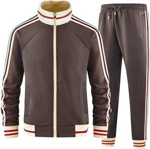 Survêtement unisexe marron à manches longues avec fermeture éclair, design rayé, vêtement décontracté pour la saison d'automne, en polyester et coton - Product Image 5