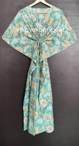 Exquisito Vestido Kaftán de Algodón 100% con Estampado Floral para Mujer, Estilo Bohemio, Mangas Tipo Kimono, Elegante Escote en V, Cintura Alta - Product Image 3
