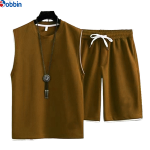 Ensembles de chemises pour hommes, ensemble haut sans manches et short en tricot pour hommes, noir uni, vêtements d'été décontractés, vêtements de sport respirants - Product Image 3