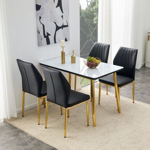 Set Tavolo e Sedie Bianco Effetto Marmo per Ristoranti, Piano in Vetro, Base in MDF, Gambe Affusolate in Metallo Dorato, Set da 4 Pezzi - Product Image 4