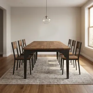 Table de salle à manger rectangulaire industrielle et commerciale, grande capacité (8 places), plateau en bois et pieds en métal, fabrication artisanale, prix usine pour hôtel, maison ou usine. - Product Image 6