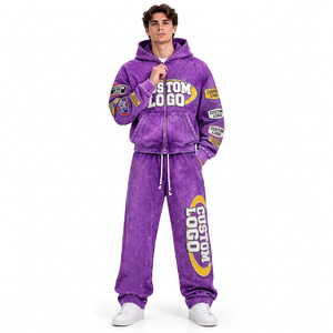 Ensemble de survêtement urbain pour homme, personnalisé, 100% coton, délavé à l'acide, coupe oversize, épais, avec sweat à capuche et pantalon de jogging assorti - Product Image 3