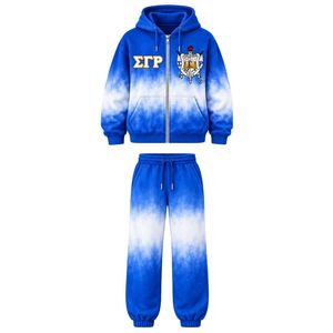 Ensemble de survêtement tie-dye pour femmes Sigma Gamma Rho, bleu et blanc, sweat à capuche et pantalon de jogging de la sororité grecque, vêtements de sport décontractés imprimés sur mesure - Product Image 1