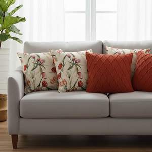 SOGA 5PC Home Decor Set Botanical Floral Light Pillowcase and Classic <b>Red</b> Diamond Knit <b>Cushion</b> <b>Cover</b> for Seat Decor - Product Image 3