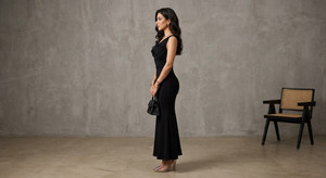 Vestido Largo de Satén Negro para Mujer con Cuello Cuadrado, Sin Mangas, Espalda Descubierta con Lazo, Diseño Exclusivo de Color Sólido para Otoño - Product Image 3