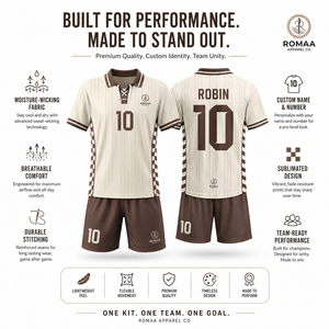ชุดยูนิฟอร์มสีครีมน้ำตาล เสื้อโปโลลูกไม้ กางเกงขาสั้นลายทาง ชุดทีมเรโทร สำหรับผู้ชาย ทุกฤดูกาล ชุดเสื้อฟุตบอล - Product Image 5