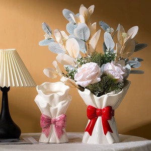 Prettiest White Ceramic Flower <b>Vase</b> With <b>Red</b> & Pink BOWKNOT Design For Floral Arrangement Amazing Item - Product Image 5