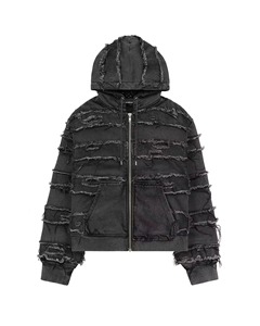 Chaqueta Oversize Negra con Capucha para Hombre, Estilo Urbano, con Diseño de Parches Desgastados, Manga Regular, Tejido de Tela, Fabricante de Ropa - Product Image 1