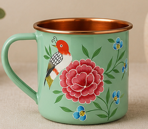 Handcrafted Sky Blue Copper Interior Enamel <b>Mug</b> Floral <b>Bird</b> Enamel <b>Mug</b> Blue Floral <b>Bird</b> Design Copper Rim Handle - Product Image 6