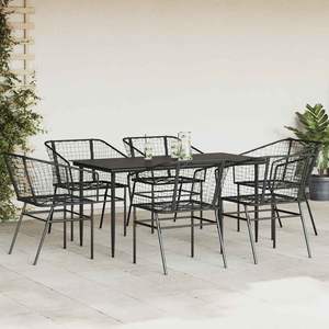 Ensemble de salle à manger de jardin en polyrotin noir 7 pièces avec table en verre – Collection de mobilier de jardin élégant - Product Image 3