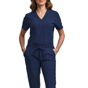 Unisex <b>Nursing</b> <b>Scrub</b> Set V-Neck Tuck-In Top Jogger Pants Yoga Waistband Stand Collar Short Sleeve Worsted Fabric Hospital Solid - Product Image 3