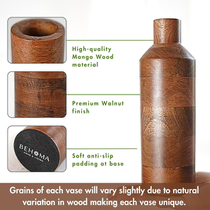 Vase à fleurs en bois sculpté à la main, design rond, ensemble de 2 vases en bois de manguier en forme de bouteille pour la décoration de la maison - Product Image 4