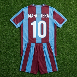 Custom Burgundy Sky Blue Vertical Stripe <b>Soccer</b> Uniform Set Short <b>Sleeve</b> Football Jersey Shorts <b>Socks</b> - Product Image 6