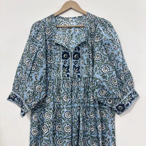 Vestido Midi Informal para Mujer, 100% Algodón Tejido, Estampado Floral Liso, Estilo Cottagecore, Manga Corta, Cintura Imperio, Estilo Babydoll, Talla Grande - Product Image 1