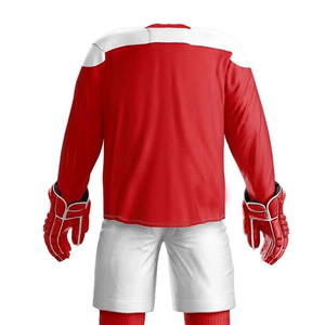 Ensemble uniforme de hockey sur glace rouge et blanc pour homme, manches courtes, col en V, respirant, en coton/fibre de bambou, avec short, chaussettes et patins, personnalisable (OEM) - Product Image 5