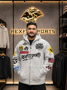 REXFITSPORTS 2026 CCustom <b>White</b> Full <b>Zip</b> Graphic Hoodie 280–300 GSM Cotton Polyester Fleece Patchwork Streetwear Hoodie - Product Image 2