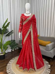 Luxury <b>Red</b> <b>Saree</b> Heavy Gold Embroidery Indian Bridal Wedding Diwali Prom Party Wear Floor-Length Lehenga Style Sari Quick Dry - Product Image 3