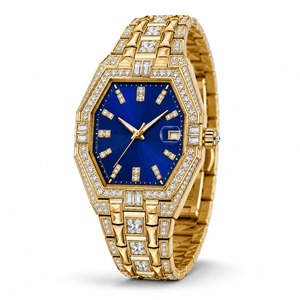 Luxury Women's Gold <b>Diamond</b> <b>Watch</b> Polygon Case Blue Dial Analog Quartz Date Display - Product Image 4