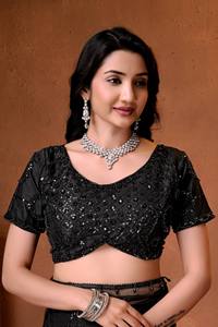Sari de red negro azabache de lujo con bordado pesado de lentejuelas negras, diseño Bollywood, elástico, para verano, bodas indias, fiestas de noche - Product Image 2