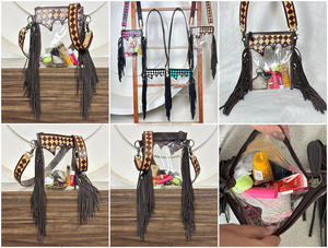 Bolso bandolera con flecos de cuero transparente a mano de vaquera occidental con diseño a cuadros, bolso bandolera de hombro Vintage para mujer - Product Image 3