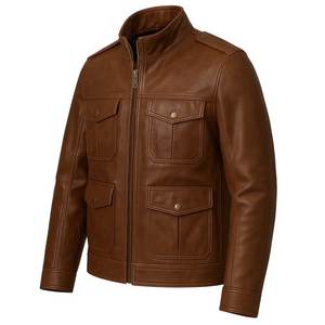 Veste en cuir véritable marron pour homme, col montant, fermeture éclair, style motard, avec 4 poches - Product Image 4