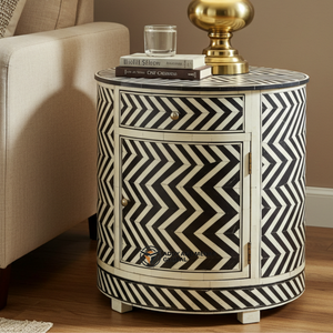 Modern Eco-Friendly <b>Black</b> Chevron Bone Inlay Drum <b>Side</b> <b>Table</b> Artisan Handmade Bedroom Furniture Living Room Accent <b>Table</b> - Product Image 4
